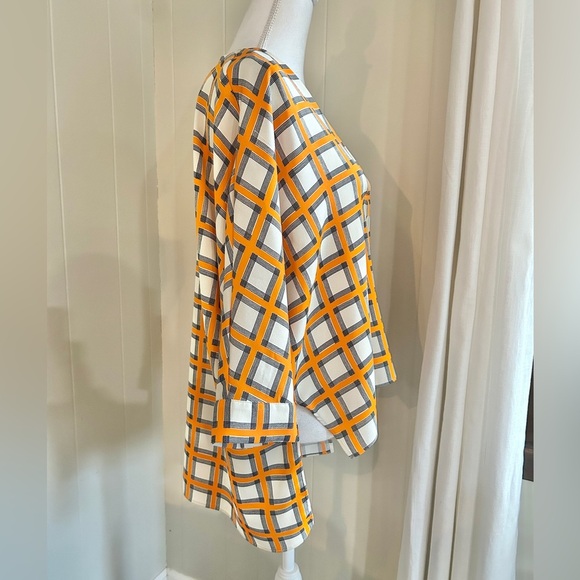 Zara Women Orange & White Checkered Dolman Sleeve High Low V Neck Blouse Tunic - Picture 3 of 5
